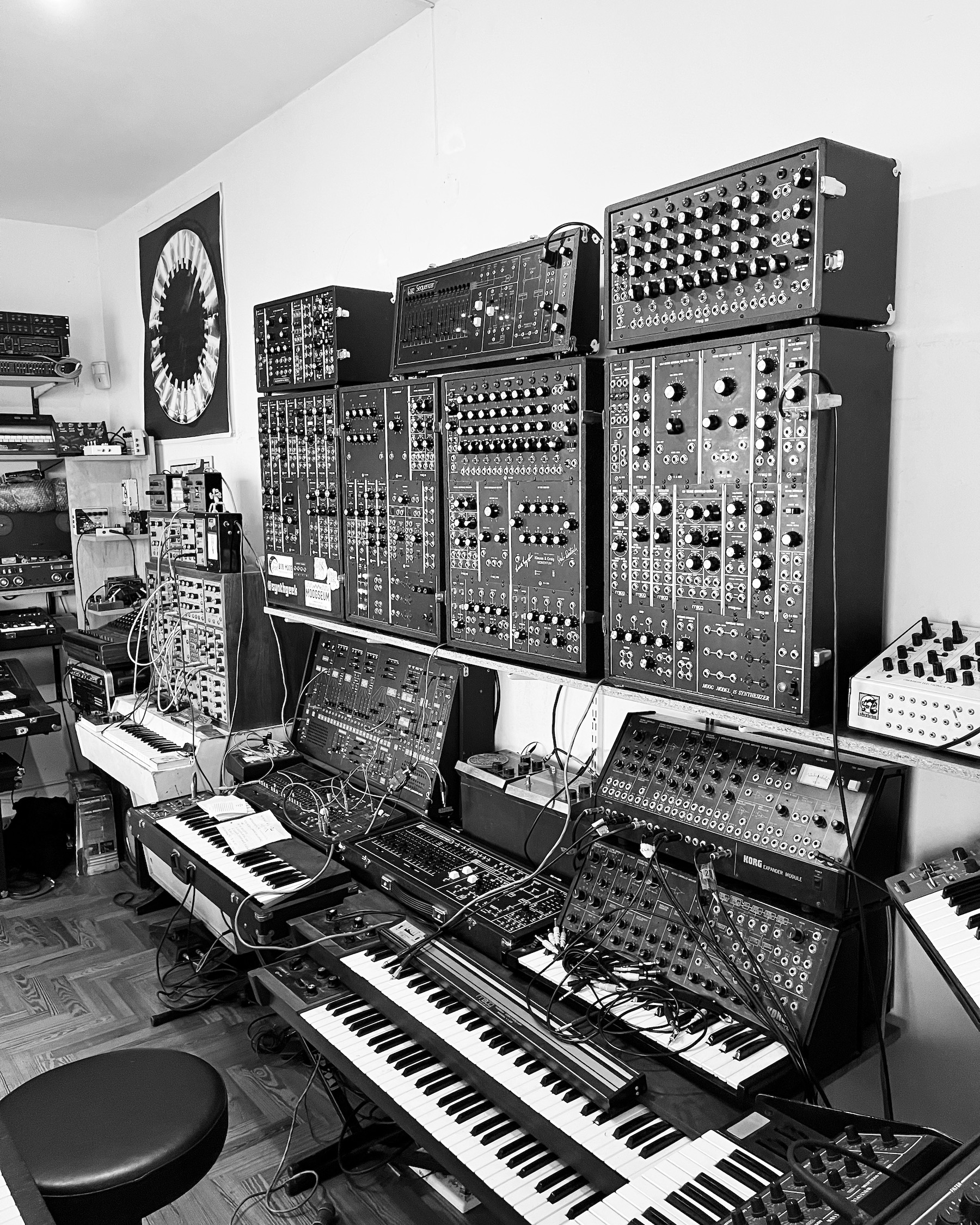 Music studio with console and keyboards